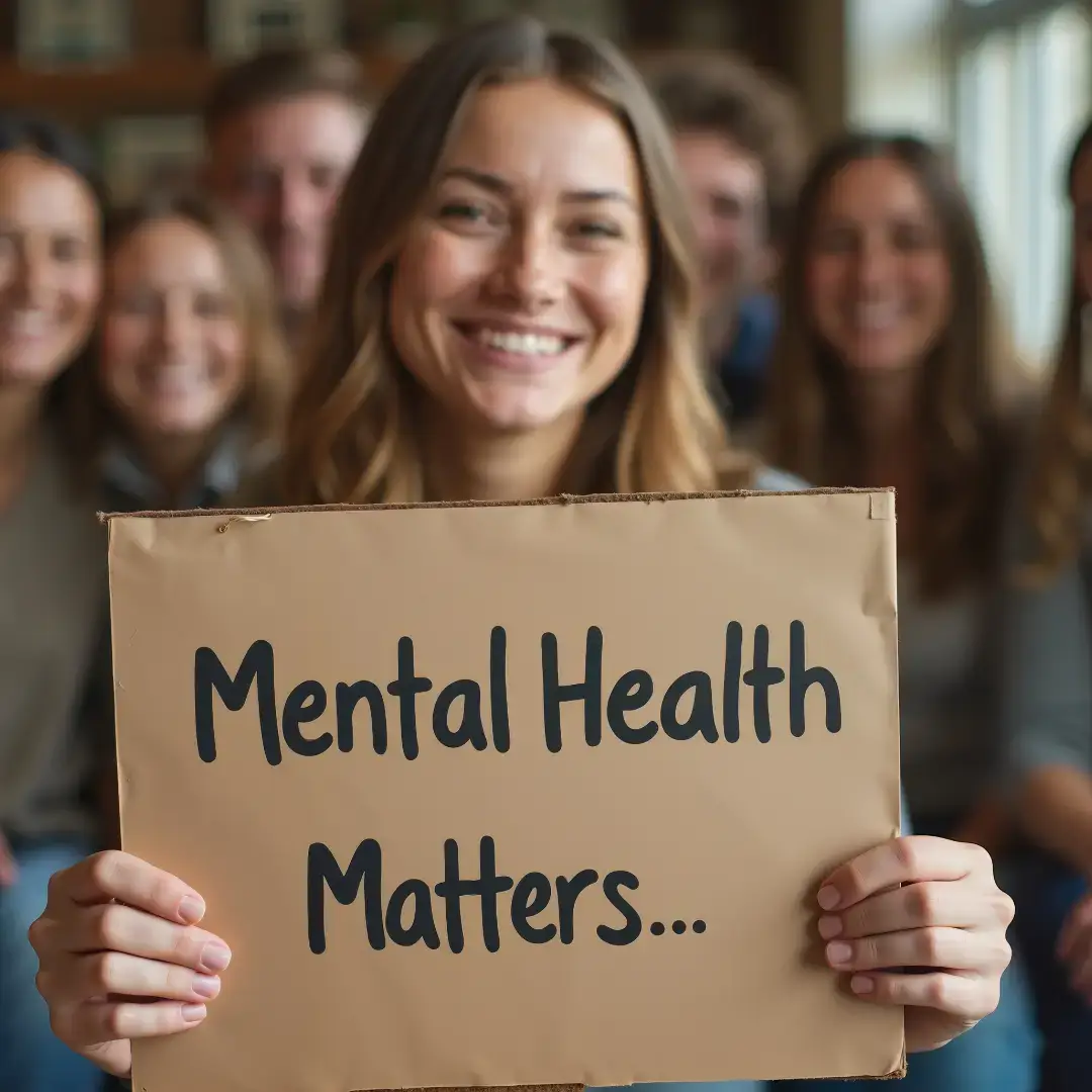 Group of smiling professionals holding a sign that says “Mental Health Matters” — promoting workplace wellbeing and awareness for Mental Health Month 2025.