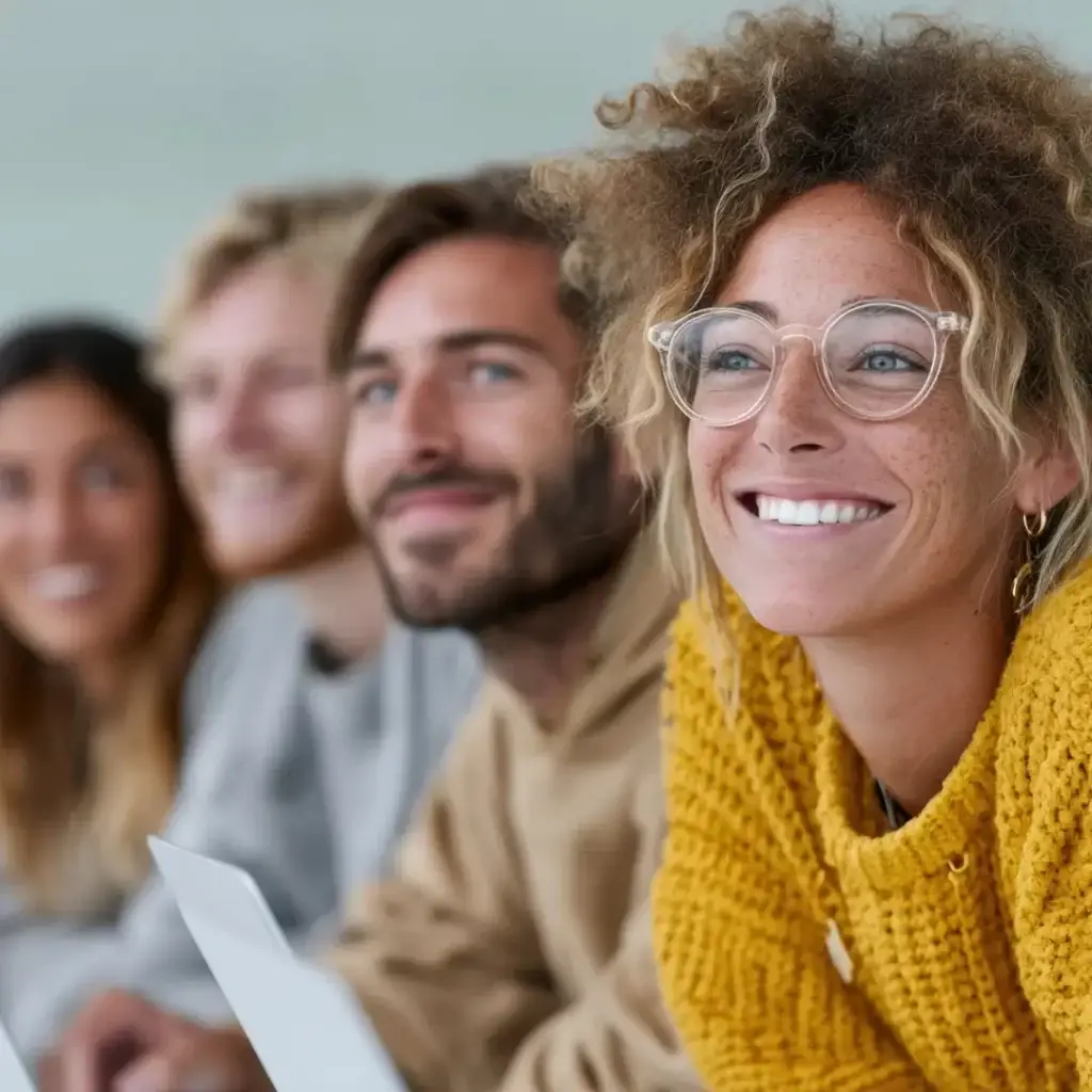 Smiling woman in yellow jumper among team members — symbolising inclusive leadership, workplace wellbeing, and mental fitness in a thriving team environment.