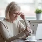 Midlife woman showing signs of fatigue and eye strain at her desk, highlighting the toll of unbalanced routines on wellbeing and performance.``

