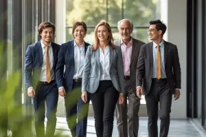 Professional leaders walking confidently through modern workspace, symbolising wellbeing and teamwork in corporate culture.