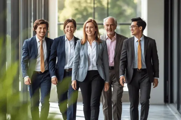 Professional leaders walking confidently through modern workspace, symbolising wellbeing and teamwork in corporate culture.