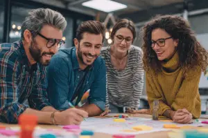 Team collaborating in a warm, supportive workplace environment, demonstrating kindness leadership and psychological safety.