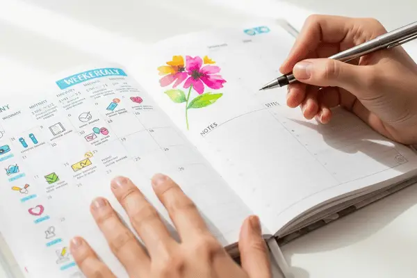Hand writing in planner with colourful notes and flower, representing intentional scheduling and work design.