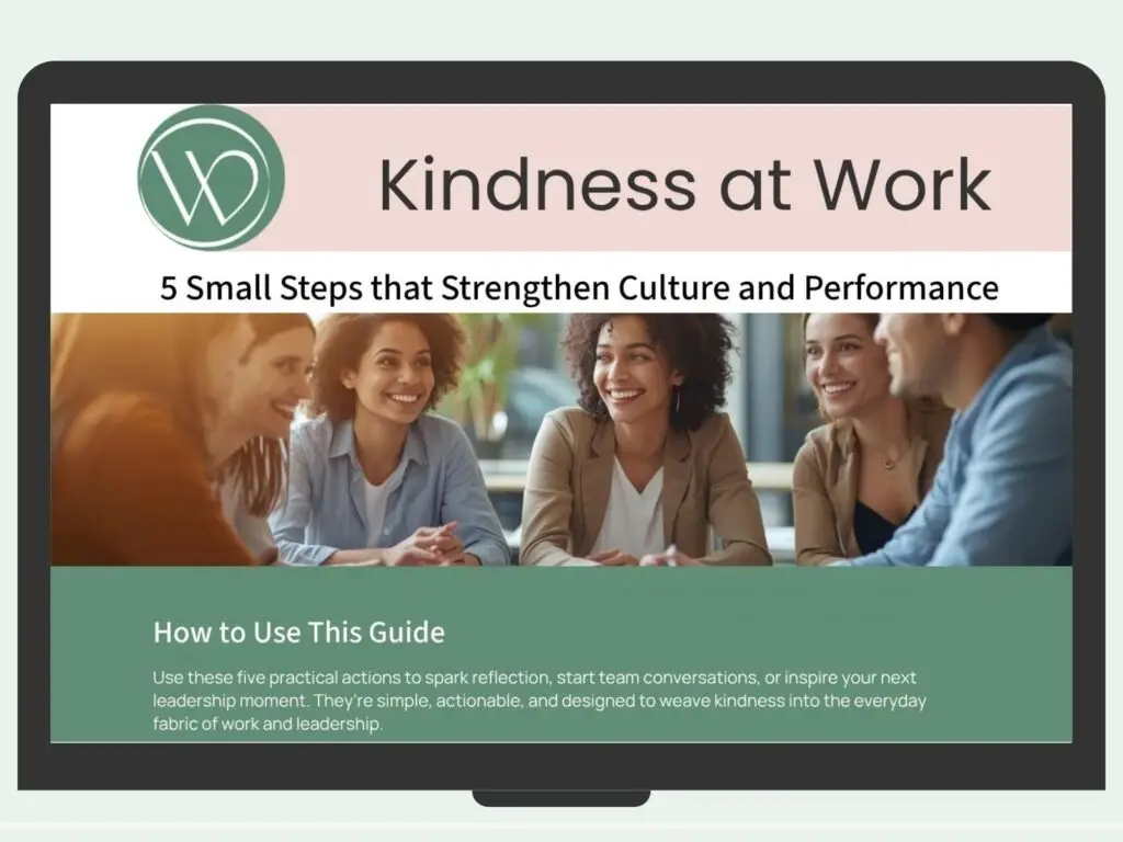 Kindness at Work free leadership guide by Wellbeing by Design Australia displayed on a tablet screen with workplace culture and psychological safety messaging.